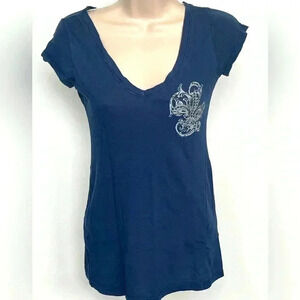 Papaya small v neck dusky blue, flur de lis motif on breast and back, sequined